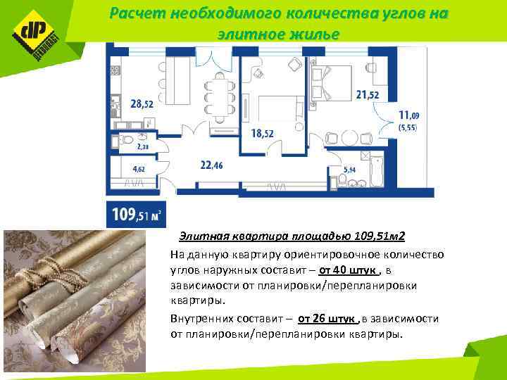 Расчет необходимого количества углов на элитное жилье Элитная квартира площадью 109, 51 м 2