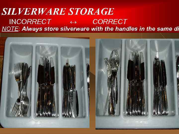 SILVERWARE STORAGE INCORRECT ↔ CORRECT NOTE: Always store silverware with the handles in the