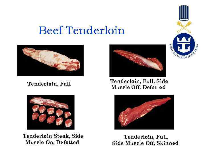 Beef Tenderloin, Full Tenderloin Steak, Side Muscle On, Defatted Tenderloin, Full, Side Muscle Off,