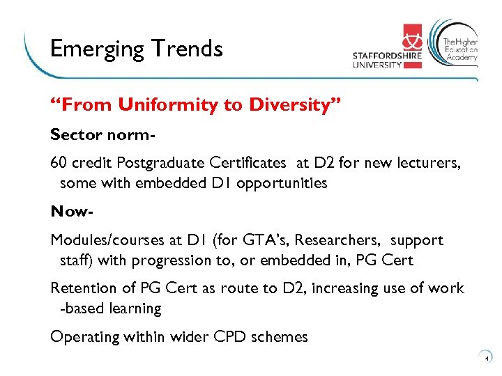 Emerging Trends “From Uniformity to Diversity” Sector norm 60 credit Postgraduate Certificates at D
