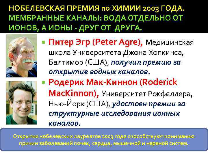 НОБЕЛЕВСКАЯ ПРЕМИЯ по ХИМИИ 2003 ГОДА. МЕМБРАННЫЕ КАНАЛЫ: ВОДА ОТДЕЛЬНО ОТ ИОНОВ, А ИОНЫ