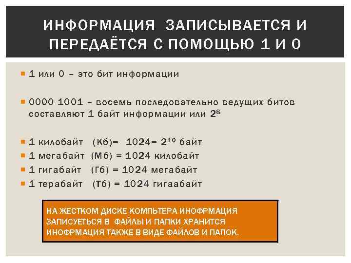 ИНФОРМАЦИЯ ЗАПИСЫВАЕТСЯ И ПЕРЕДАЁТСЯ С ПОМОЩЬЮ 1 И 0 1 или 0 – это