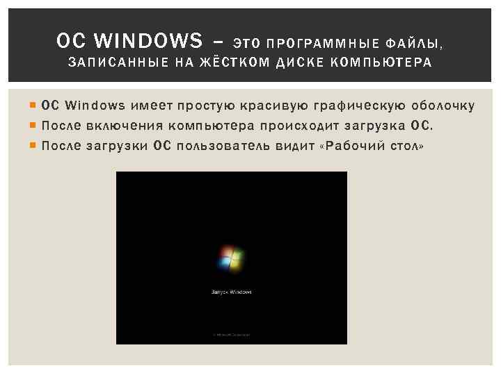OC WINDOWS – ЭТО ПРОГРАММНЫЕ Ф АЙЛ Ы, ЗАПИСАННЫЕ НА ЖЁСТКОМ ДИСКЕ КОМПЬЮ ТЕРА