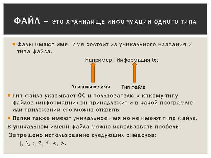 ФАЙЛ – ЭТО ХРАН ИЛИЩЕ ИНФОРМАЦИИ ОДН ОГО ТИ ПА Фалы имеют имя. Имя
