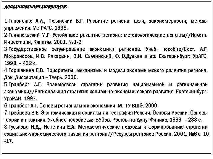 дополнительная литература: 1. Гапоненко А. Л. , Полянский В. Г. Развитие региона: цели, закономерности,