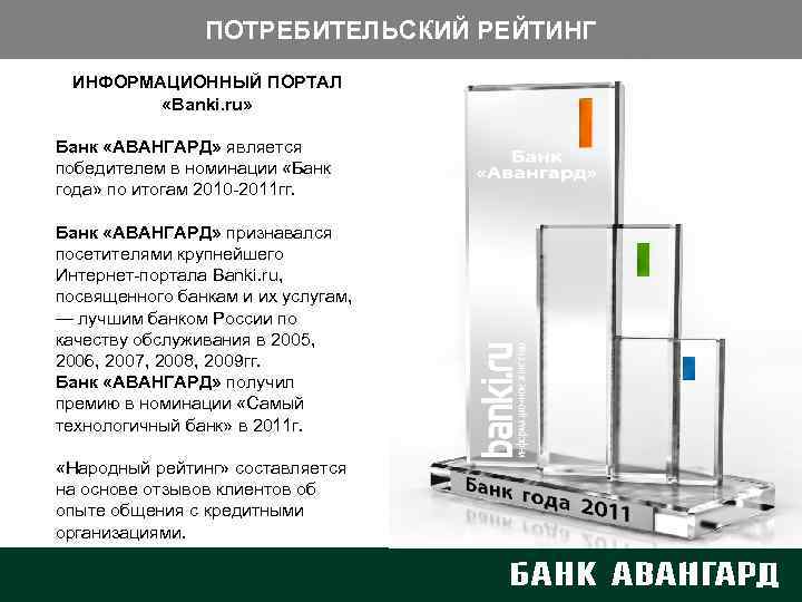 ПОТРЕБИТЕЛЬСКИЙ РЕЙТИНГ ИНФОРМАЦИОННЫЙ ПОРТАЛ «Banki. ru» Банк «АВАНГАРД» является победителем в номинации «Банк года»