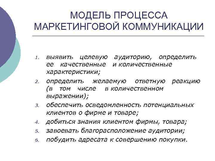 МОДЕЛЬ ПРОЦЕССА МАРКЕТИНГОВОЙ КОММУНИКАЦИИ 1. 2. 3. 4. 5. 6. выявить целевую аудиторию, определить