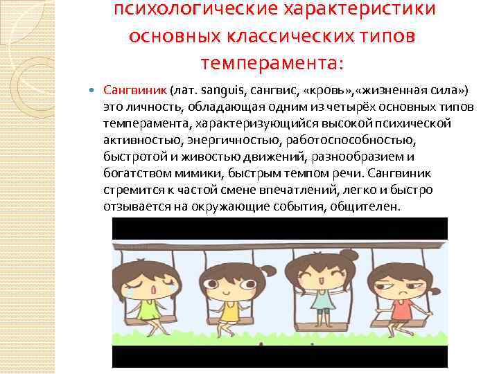 психологические характеристики основных классических типов темперамента: Сангвиник (лат. sanguis, сангвис, «кровь» , «жизненная сила»