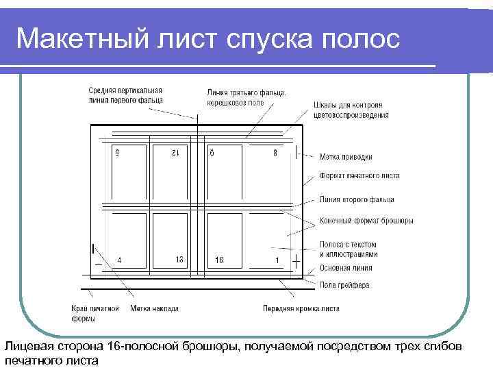 Макетный лист спуска полос Лицевая сторона 16 -полосной брошюры, получаемой посредством трех сгибов печатного