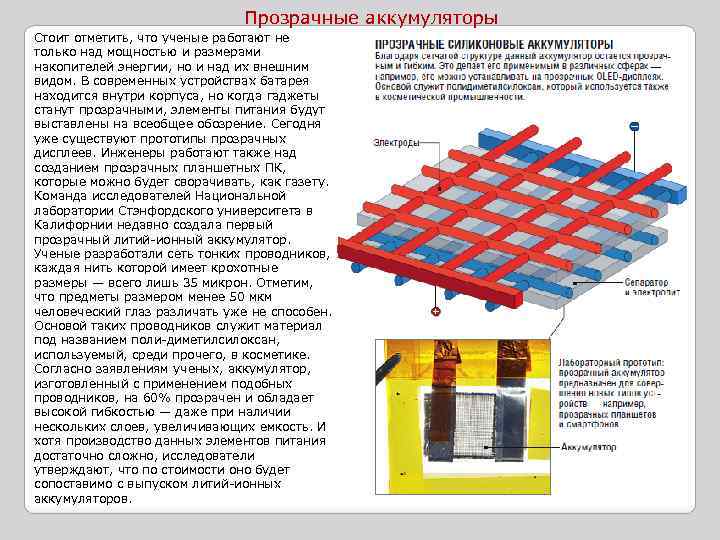 Прозрачные аккумуляторы Стоит отметить, что ученые работают не только над мощностью и размерами накопителей
