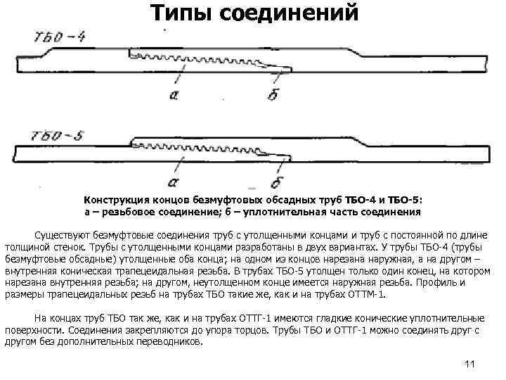 Типы соединений Конструкция концов безмуфтовых обсадных труб ТБО-4 и ТБО-5: а – резьбовое соединение;