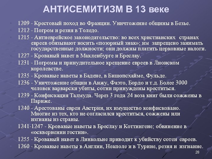 АНТИСЕМИТИЗМ В 13 веке • 1209 - Крестовый поход во Франции. Уничтожение общины в
