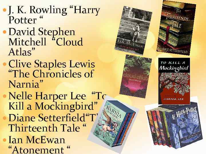  J. K. Rowling “Harry Potter “ David Stephen Mitchell “Cloud Atlas” Clive Staples