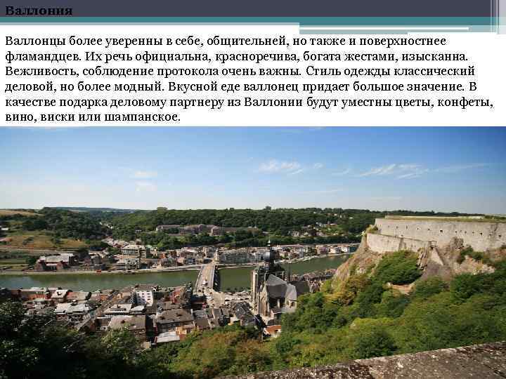 Валлония Валлонцы более уверенны в себе, общительней, но также и поверхностнее фламандцев. Их речь