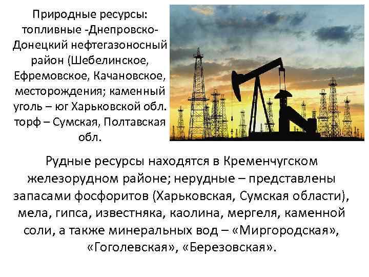 Природные ресурсы: топливные -Днепровско. Донецкий нефтегазоносный район (Шебелинское, Ефремовское, Качановское, месторождения; каменный уголь –