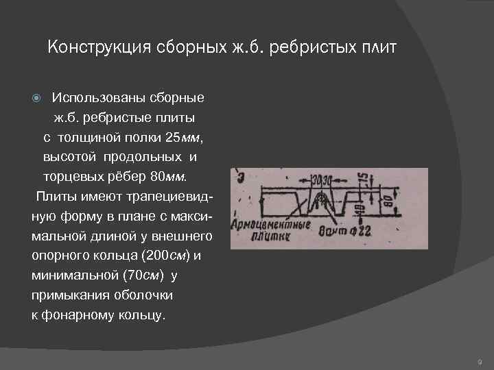 Конструкция сборных ж. б. ребристых плит Использованы сборные ж. б. ребристые плиты с толщиной