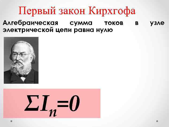 Первый закон Кирхгофа Алгебраическая сумма токов электрической цепи равна нулю ΣIn=0 в узле 