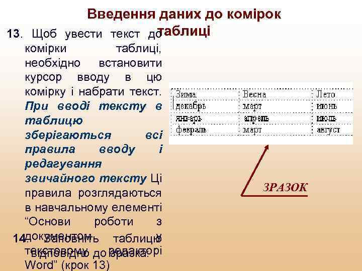 Введення даних до комірок таблиці 13. Щоб увести текст до комірки таблиці, необхідно встановити