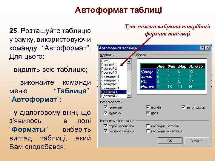 Автоформат таблиці 25. Розташуйте таблицю у рамку, використовуючи команду “Автоформат”. Для цього: - виділіть