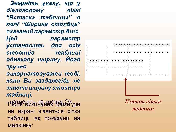 Зверніть увагу, що у діалоговому вікні “Вставка таблицы” в полі “Ширина столбца” вказаний параметр