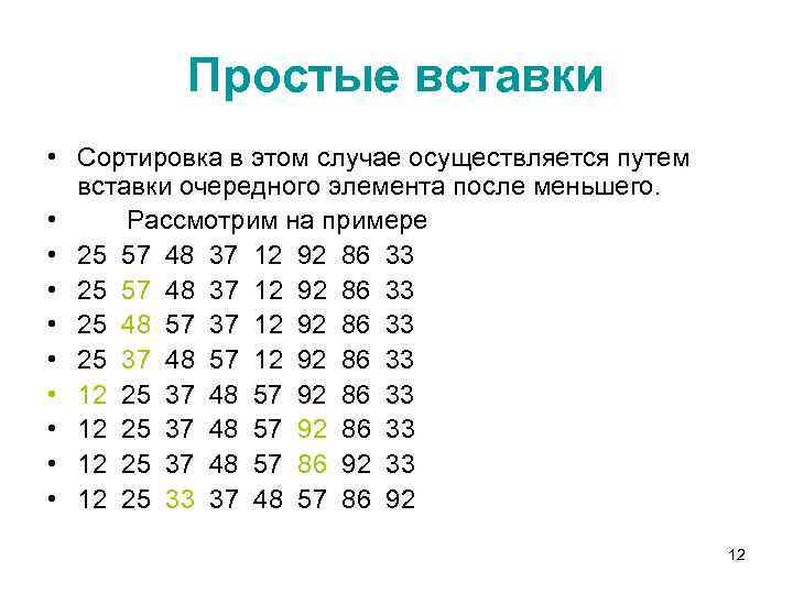 Простые вставки • Сортировка в этом случае осуществляется путем вставки очередного элемента после меньшего.