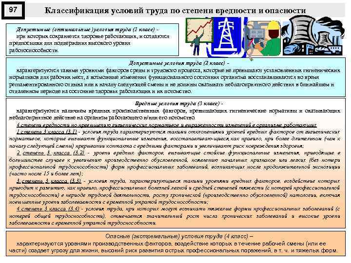 97 Классификация условий труда по степени вредности и опасности Допустимые (оптимальные )условия труда (1