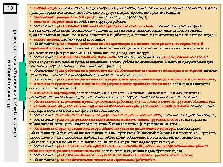 Основные принципы правового регулирования трудовых отношений 10 • свобода труда, включая право на труд,