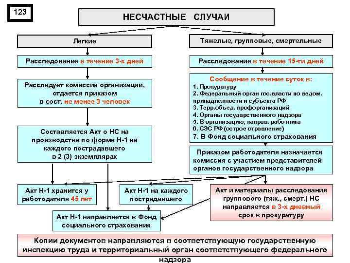 123 НЕСЧАСТНЫЕ СЛУЧАИ Легкие Тяжелые, групповые, смертельные Расследование в течение 3 -х дней Расследование