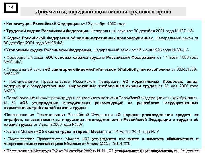 14 Документы, определяющие основы трудового права • Конституция Российской Федерации от 12 декабря 1993
