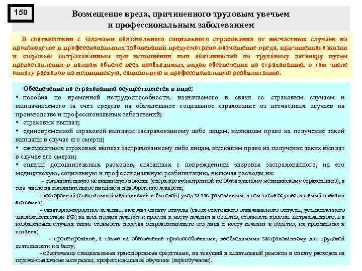 150 Возмещение вреда, причиненного трудовым увечьем и профессиональным заболеванием В соответствии с задачами обязательного