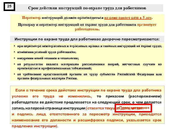 25 Срок действия инструкций по охране труда для работников Пересмотр инструкций должен производиться не