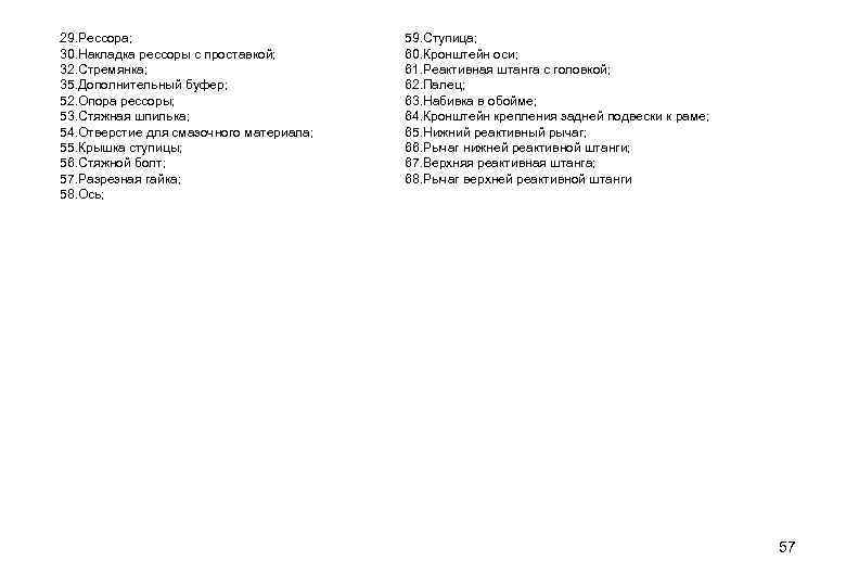 29. Рессора; 30. Накладка рессоры с проставкой; 32. Стремянка; 35. Дополнительный буфер; 52. Опора