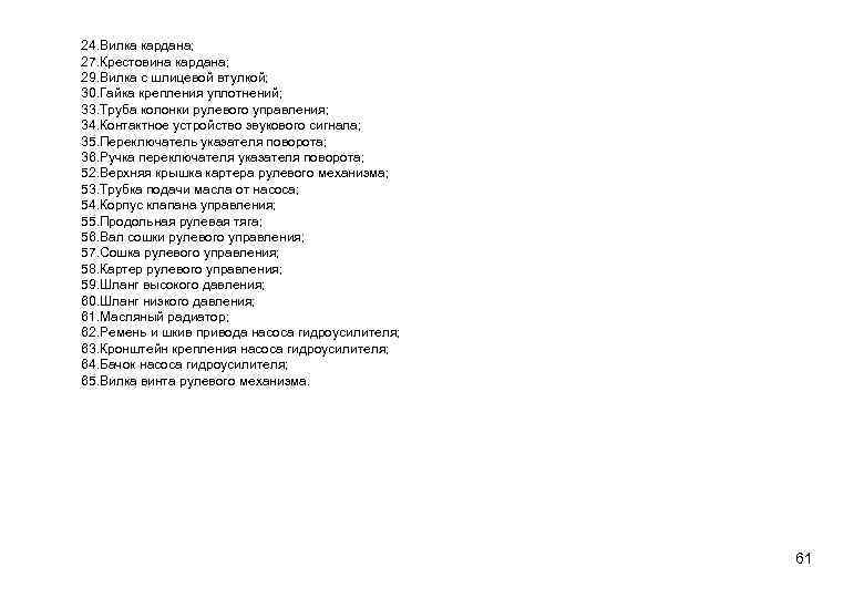 24. Вилка кардана; 27. Крестовина кардана; 29. Вилка с шлицевой втулкой; 30. Гайка крепления