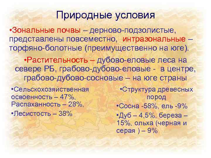 Природные условия • Зональные почвы – дерново-подзолистые, представлены повсеместно, интразональные – торфяно-болотные (преимущественно на