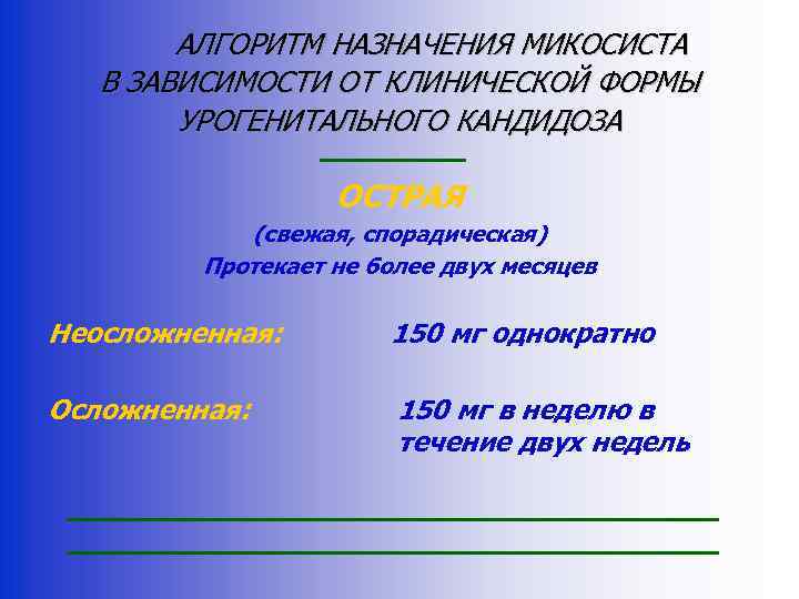 АЛГОРИТМ НАЗНАЧЕНИЯ МИКОСИСТА В ЗАВИСИМОСТИ ОТ КЛИНИЧЕСКОЙ ФОРМЫ УРОГЕНИТАЛЬНОГО КАНДИДОЗА ОСТРАЯ (свежая, спорадическая) Протекает