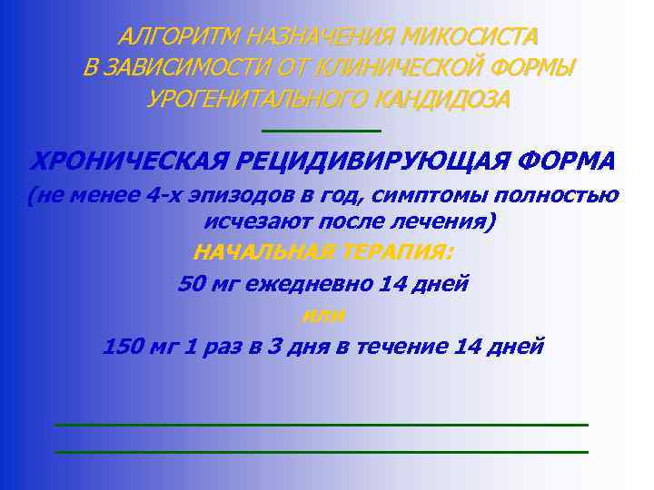 АЛГОРИТМ НАЗНАЧЕНИЯ МИКОСИСТА В ЗАВИСИМОСТИ ОТ КЛИНИЧЕСКОЙ ФОРМЫ УРОГЕНИТАЛЬНОГО КАНДИДОЗА ХРОНИЧЕСКАЯ РЕЦИДИВИРУЮЩАЯ ФОРМА (не