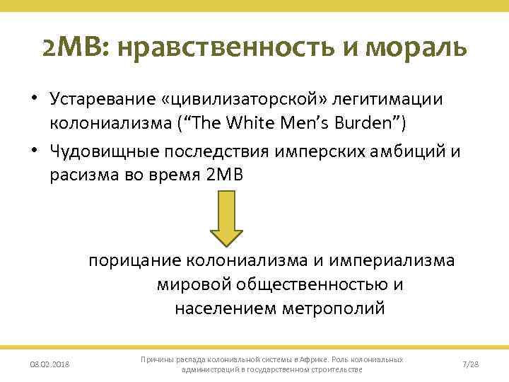 2 МВ: нравственность и мораль • Устаревание «цивилизаторской» легитимации колониализма (“The White Men’s Burden”)