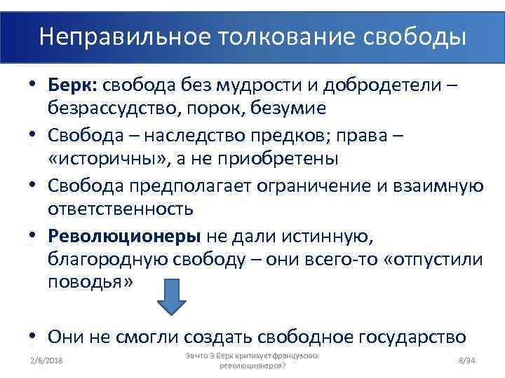 Неправильное толкование свободы • Берк: свобода без мудрости и добродетели – безрассудство, порок, безумие