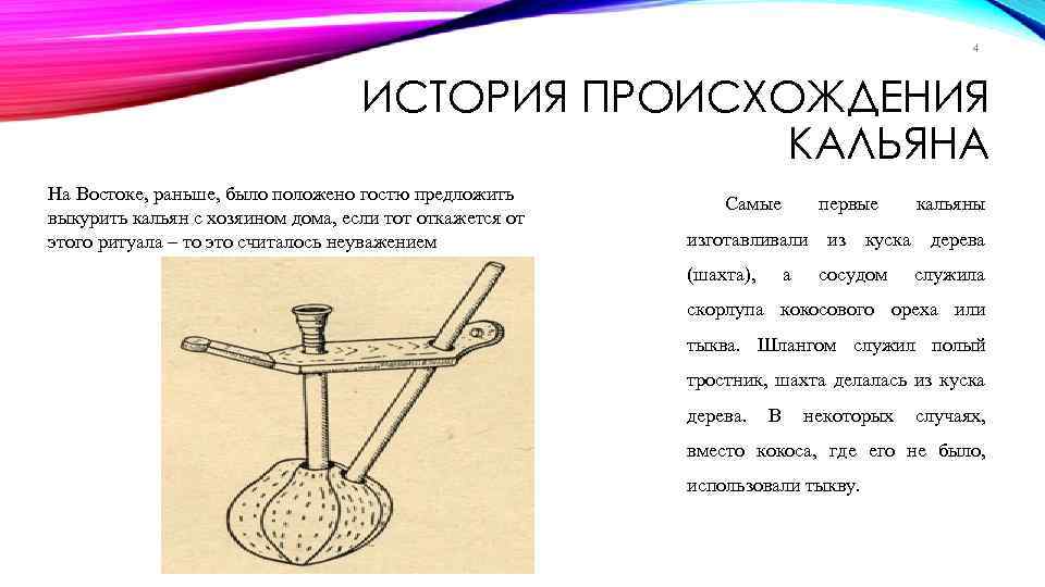 4 ИСТОРИЯ ПРОИСХОЖДЕНИЯ КАЛЬЯНА На Востоке, раньше, было положено гостю предложить выкурить кальян с