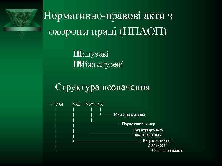 Нормативно правові акти з охорони праці (НПАОП) Ш Галузеві Ш Міжгалузеві Структура позначення 
