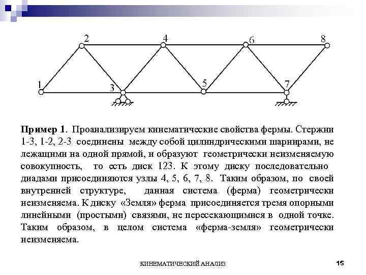 Пример 1. Проанализируем кинематические свойства фермы. Стержни 1 -3, 1 -2, 2 -3 соединены