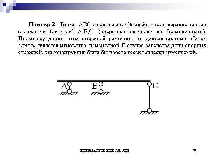 Пример 2. Балка ABC соединена с «Землей» тремя параллельными стержнями (связями) A, B, C,