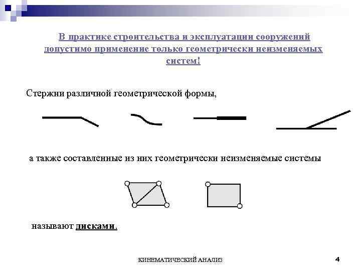 В практике строительства и эксплуатации сооружений допустимо применение только геометрически неизменяемых систем! Стержни различной