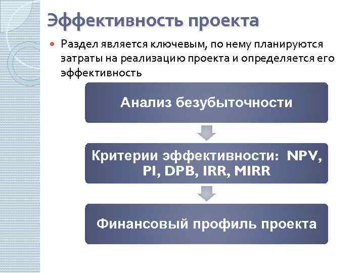 Эффективность проекта Раздел является ключевым, по нему планируются затраты на реализацию проекта и определяется