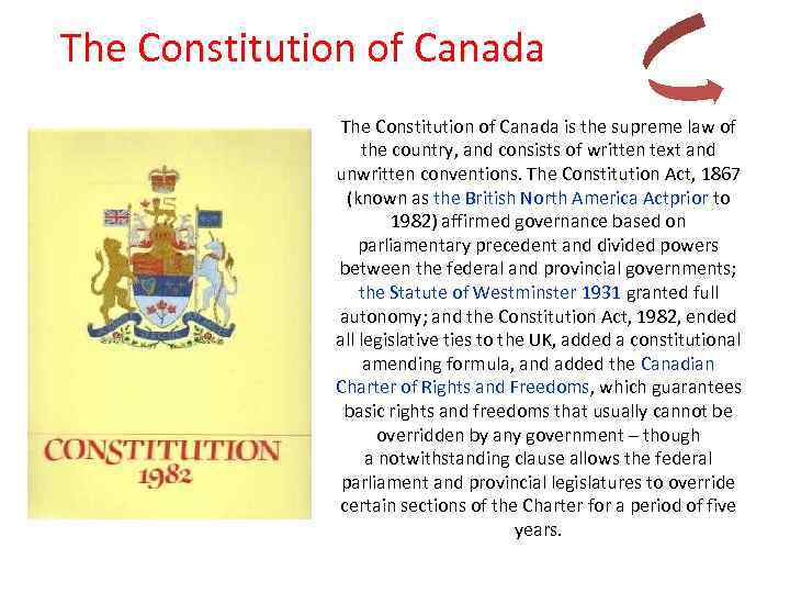 The Constitution of Canada is the supreme law of the country, and consists of