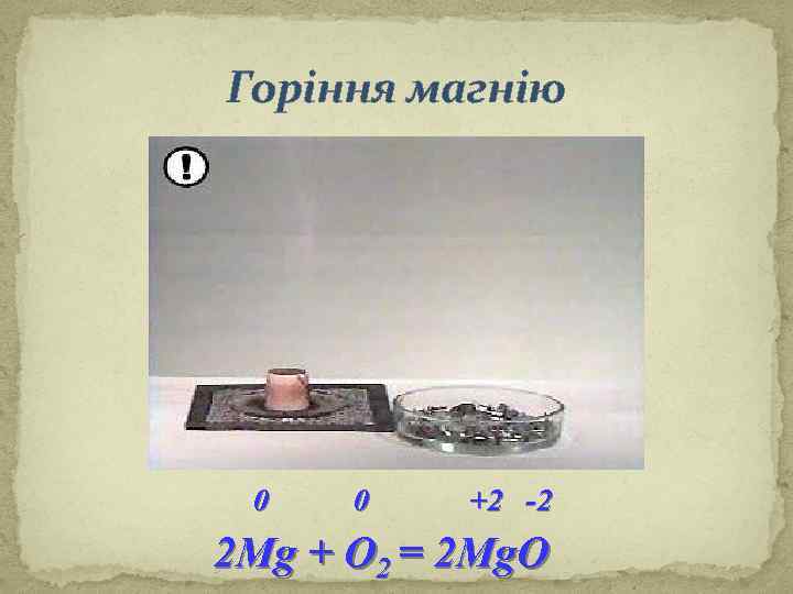 Горіння магнію 0 0 +2 -2 2 Мg + O 2 = 2 Mg.