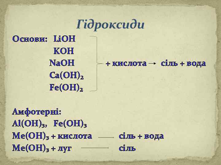 Гідроксиди Основи: Li. OH KOH Na. OH Ca(OH)₂ Fe(OH)₂ Амфотерні: Al(OH)₃, Fe(OH)₃ Ме(ОН)₃ +