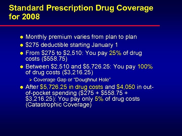 Standard Prescription Drug Coverage for 2008 l l Monthly premium varies from plan to
