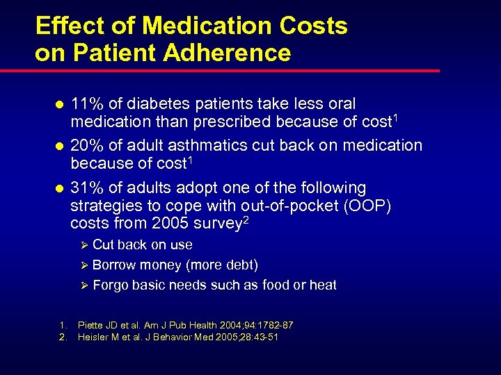 Effect of Medication Costs on Patient Adherence l l l 11% of diabetes patients