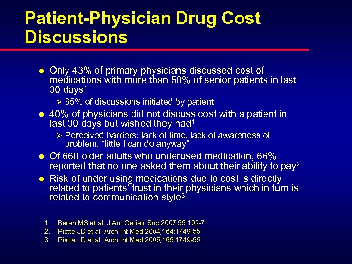 Patient-Physician Drug Cost Discussions l Only 43% of primary physicians discussed cost of medications